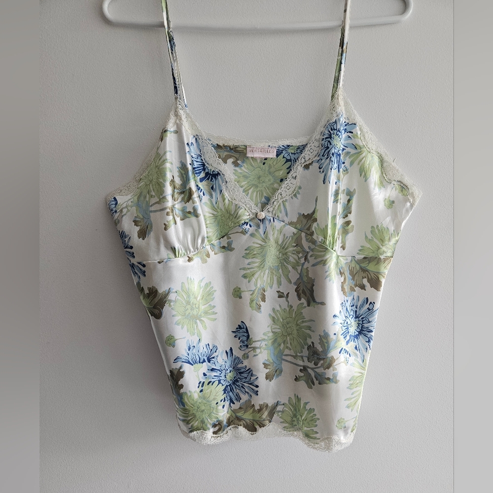 Vintage Floral Satin Tank Top in Blue and Green